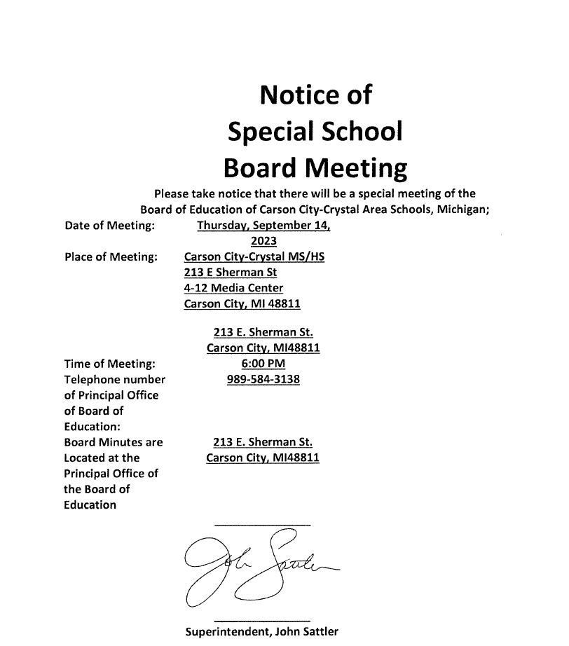 Notice of Special Board Meeting