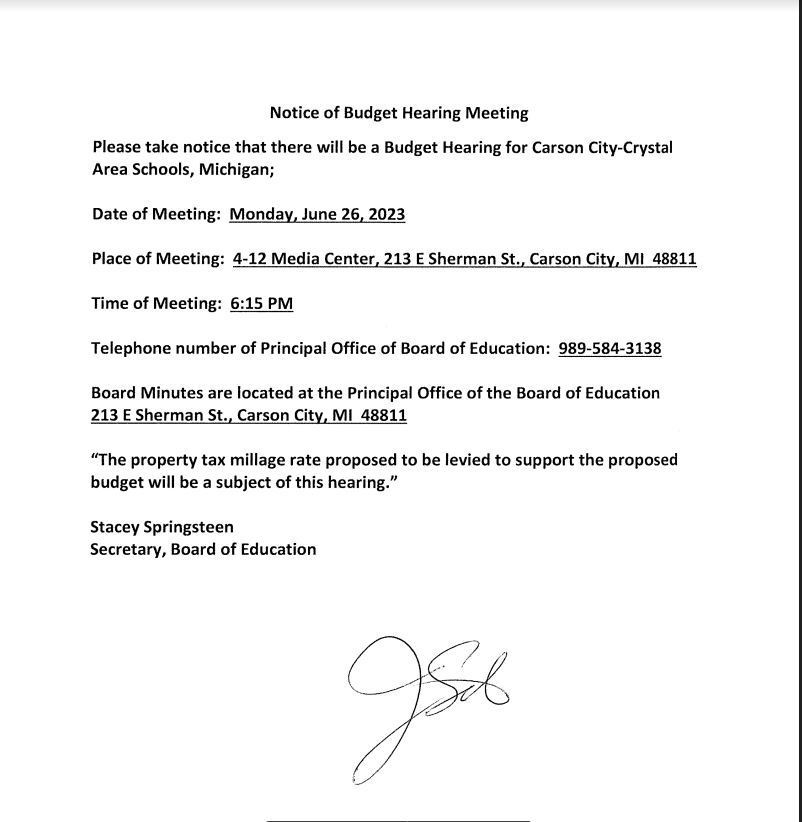 Notice of Budget Hearing Meeting