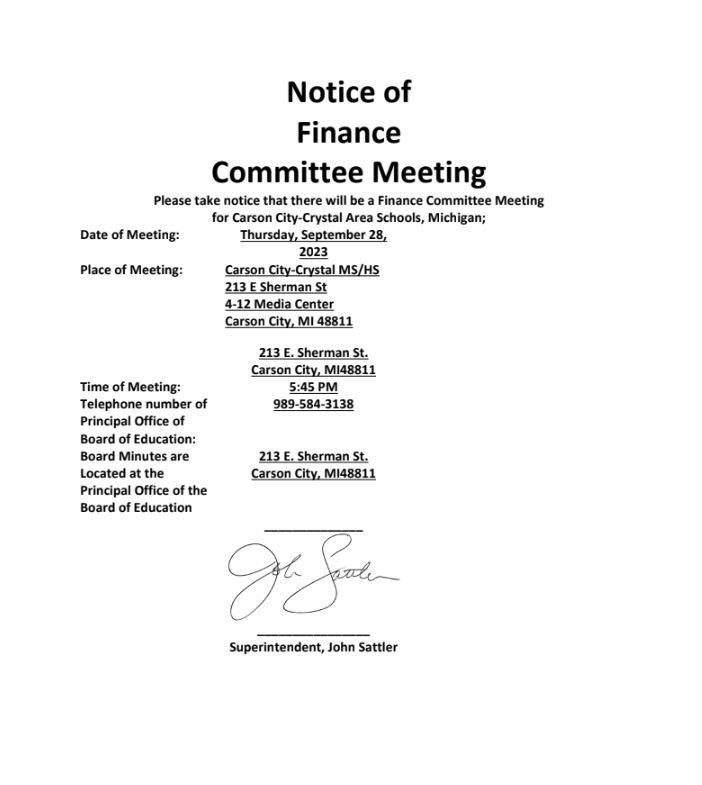 Notice of Finance Committee Meeting