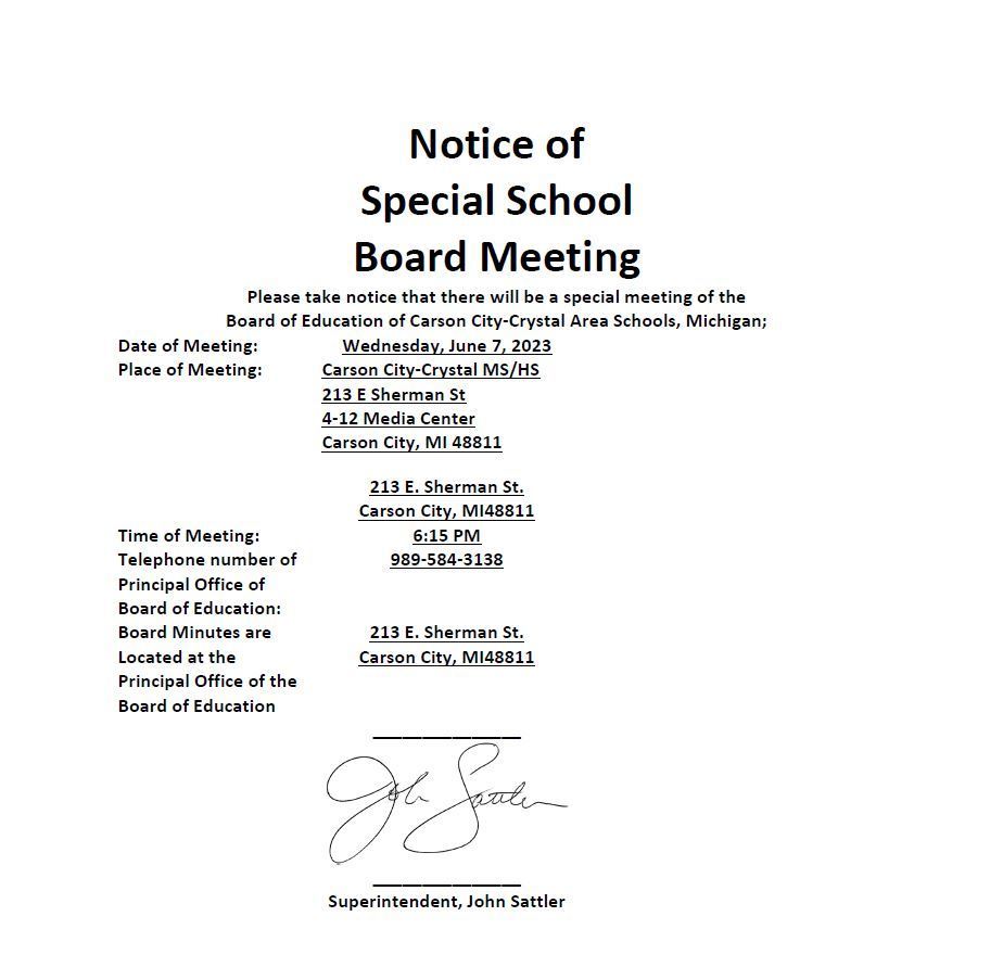 Notice of Special School Board Meeting Wednesday, June 7th, 2023